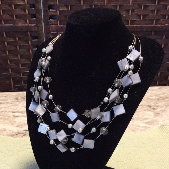 👗5/$25 - Multi Strand Silver/Crystal Floating Beaded Necklace - Picture 1 of 1
